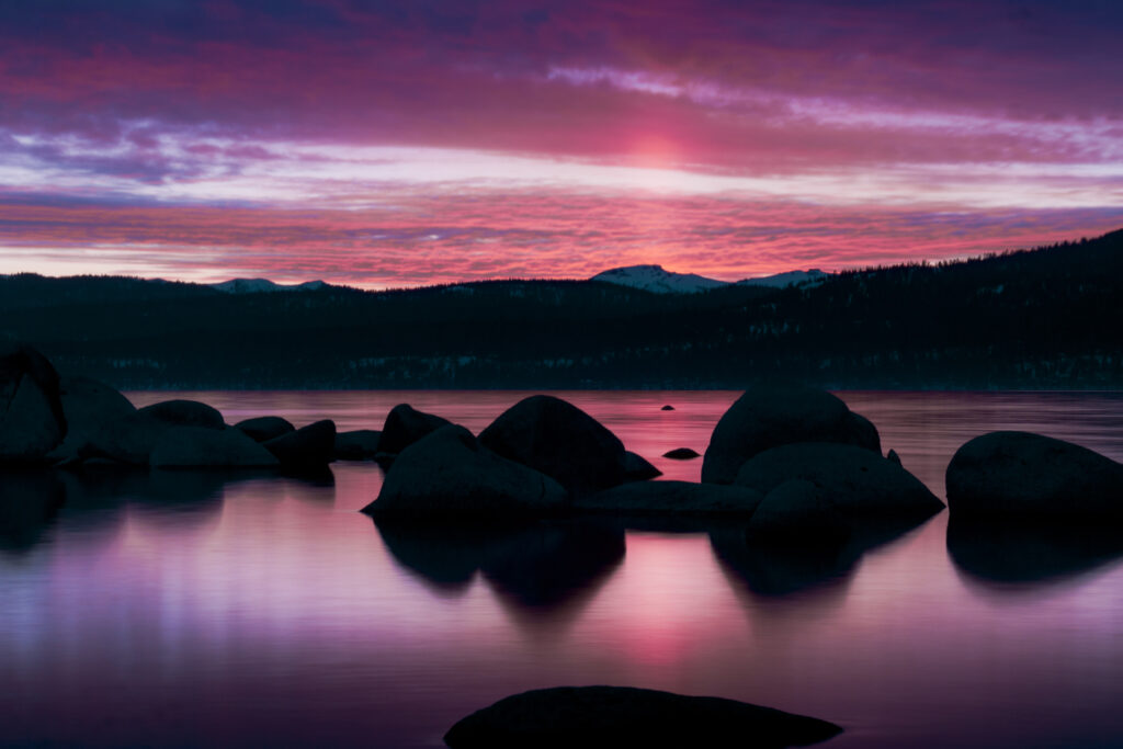 a purple sunset over Lake Tahoe